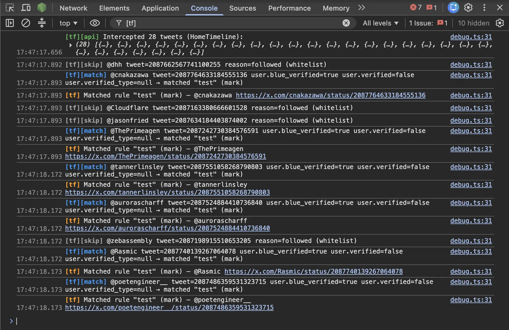 Console showing [tf][api] and [tf][match] logs