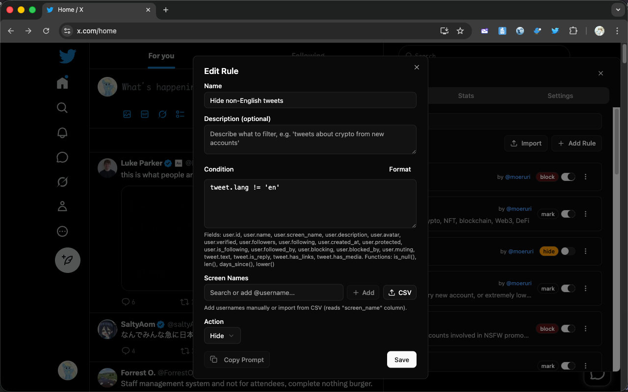 Edit Rule dialog with tweet.lang != 'en' condition