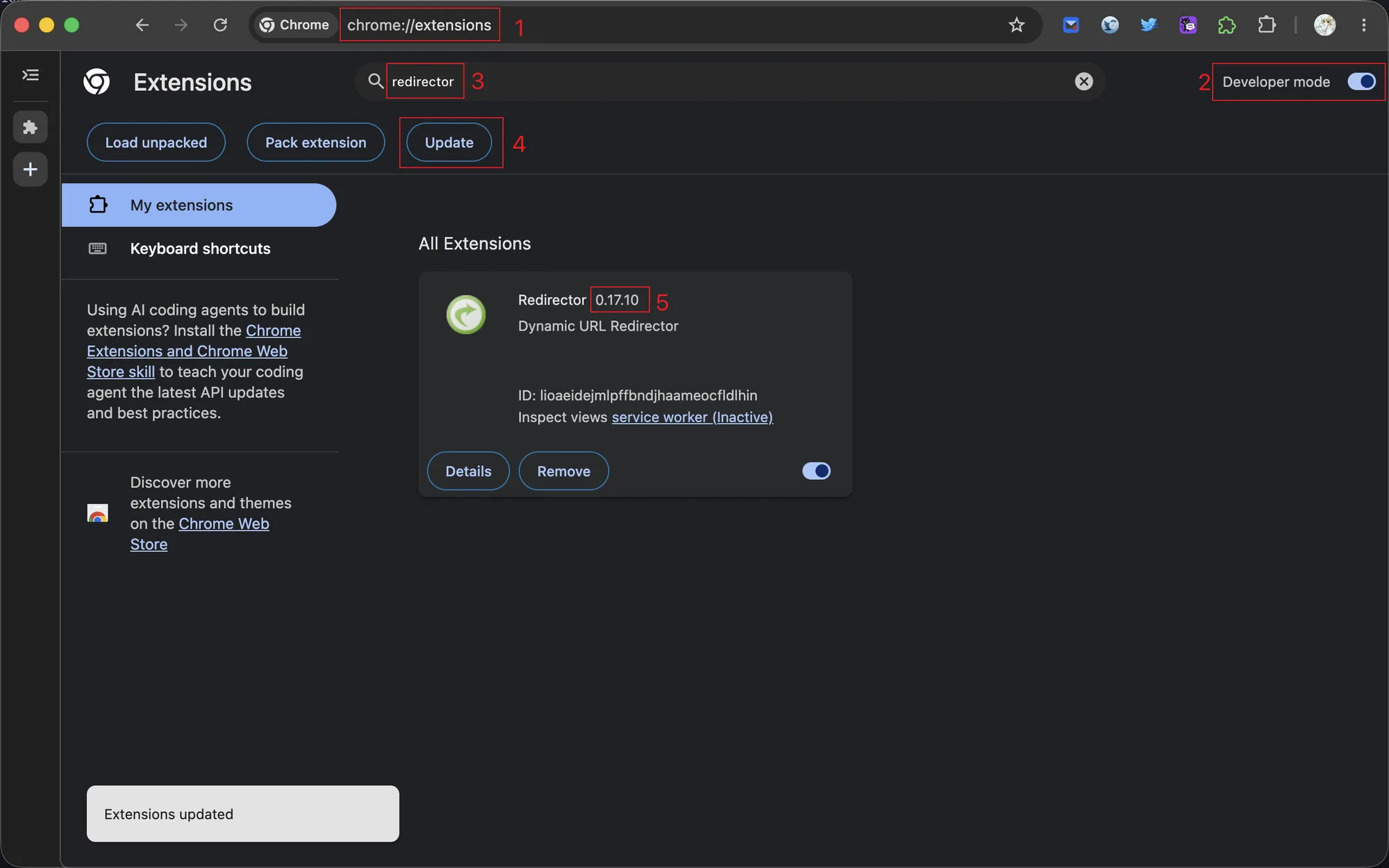 chrome://extensions with Developer mode enabled and the Update button