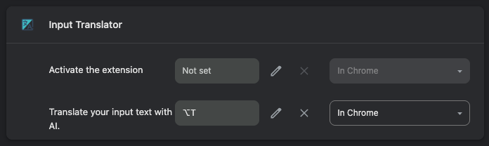 Input Translator shortcut settings in Chrome