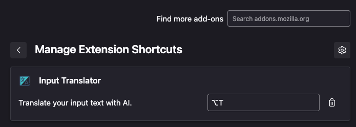 Input Translator shortcut settings in Firefox