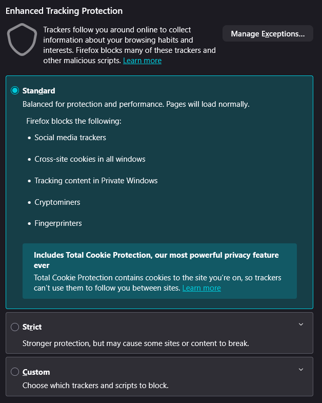 Firefox Enhanced Tracking Protection settings showing Standard, Strict, and Custom options